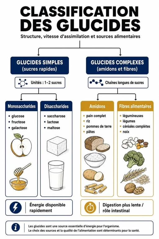 Infographie explicative sur la différence entre glucide et sucre et leur classification nutritionnelle