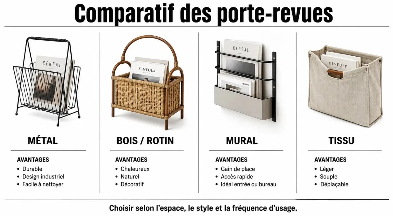 Infographie comparative des différents types de porte-revues disponibles chez Leroy Merlin