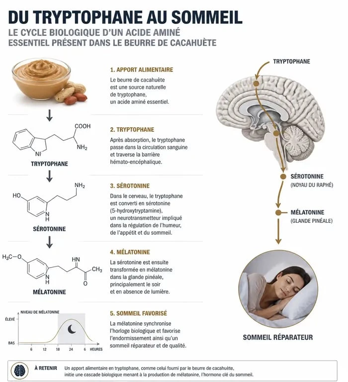 Infographie sur les bienfaits du beurre de cacahuète le soir pour le sommeil et la mélatonine