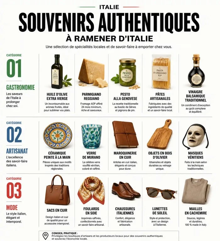 Infographie des meilleurs souvenirs à ramener d'Italie : gastronomie, artisanat et mode