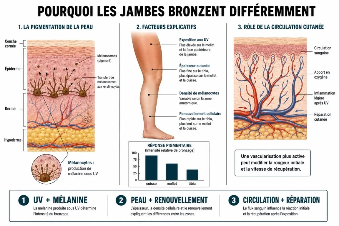 Infographie explicative sur le bronzage des jambes et les facteurs physiologiques