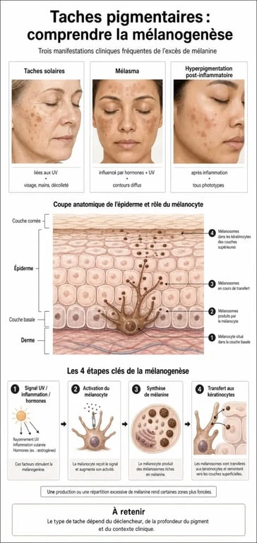 Infographie explicative sur les différents types de taches brunes et le meilleur correcteur tache brune adapté à chaque cas