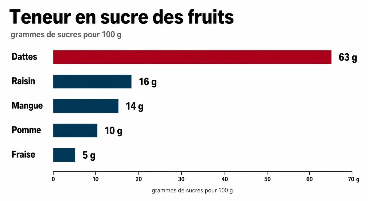 Infographie comparative de la teneur en sucre des fruits les plus sucrés pour 100g