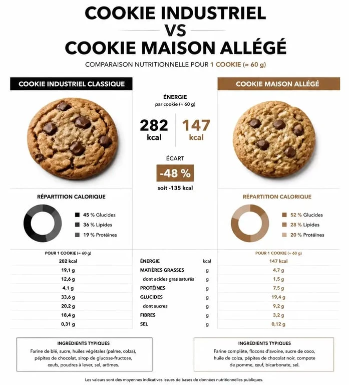 Comparatif nutritionnel et calorique entre un cookie industriel et un cookie maison pour mieux gérer son apport en calories.