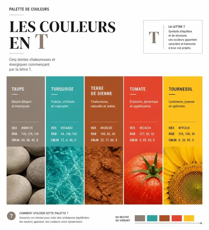Palette de couleurs commençant par la lettre T : taupe, turquoise, terre de sienne et autres nuances.