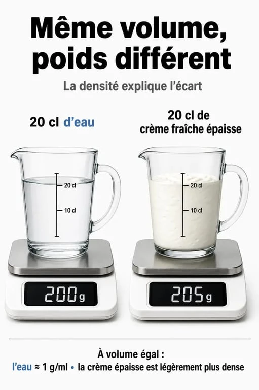 Infographie comparative : conversion de 20 cl de crème fraîche épaisse en grammes