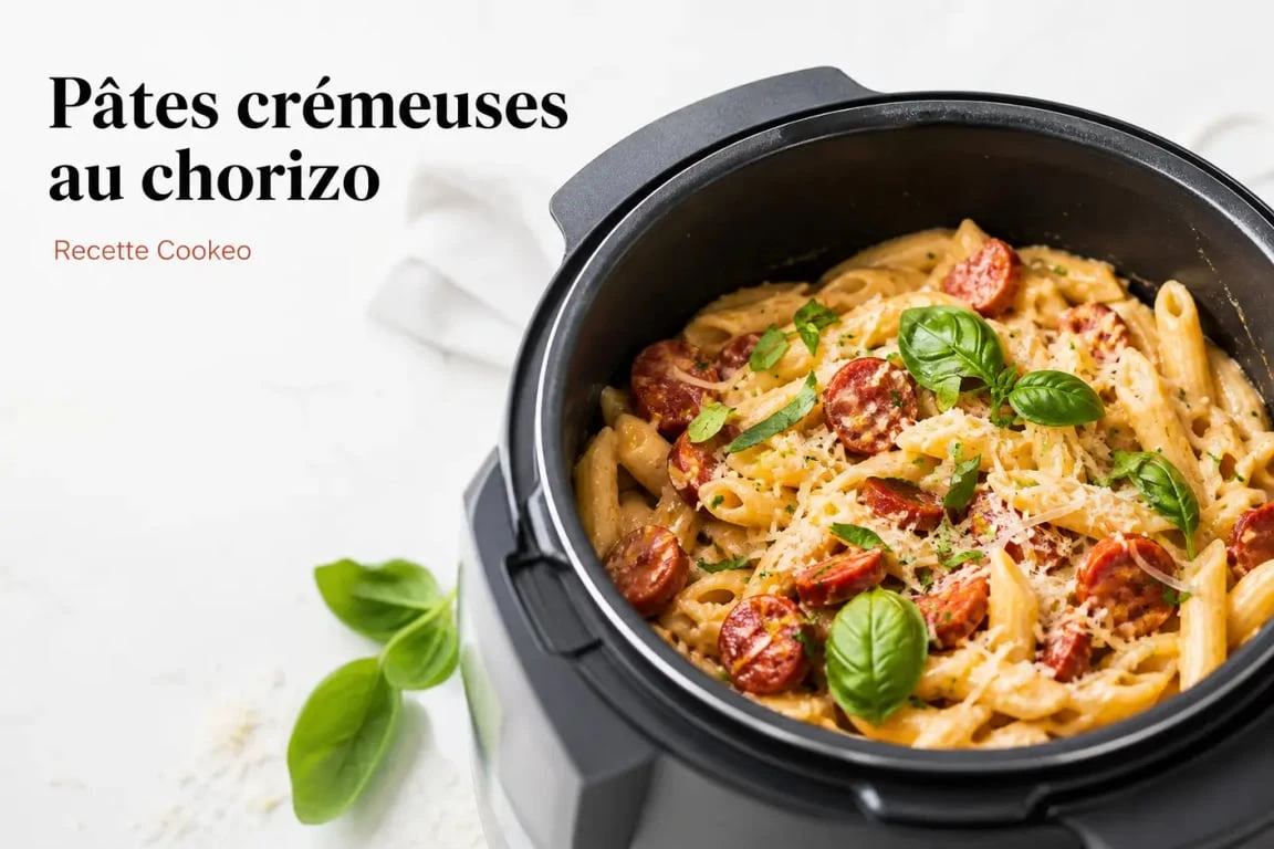 Plat de pâtes crémeuses au chorizo cuisinées au Cookeo