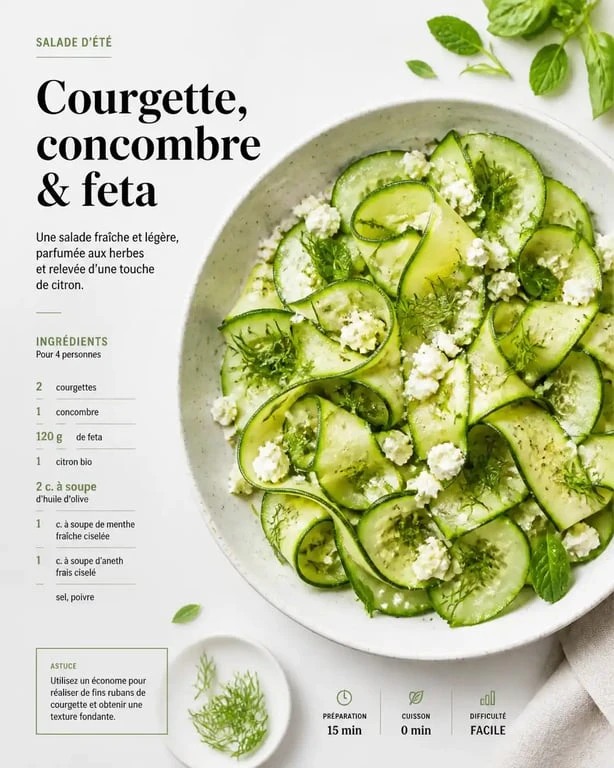 Salade fraîcheur aux rubans de courgette et concombre, une recette estivale légère et croquante.