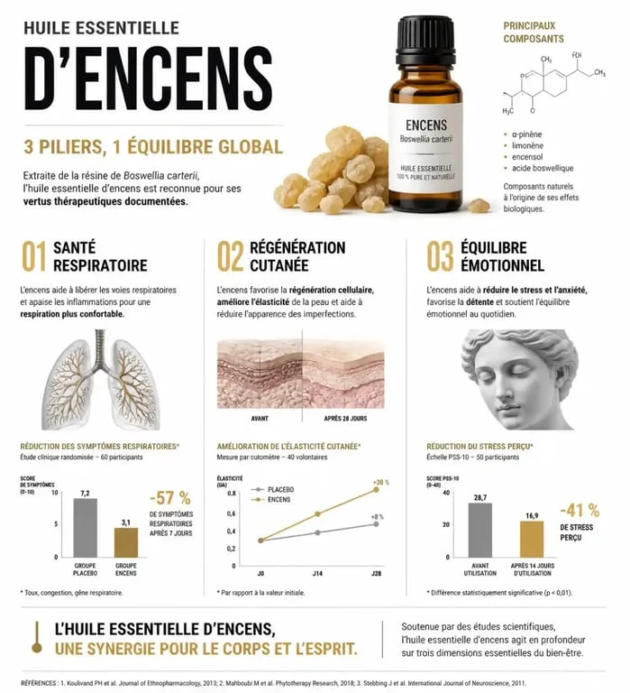 Infographie des bienfaits de l'huile essentielle d'encens : santé respiratoire, peau et bien-être émotionnel