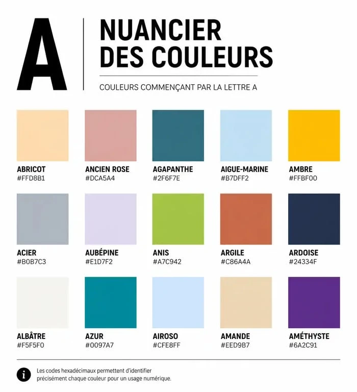Nuancier des couleurs commençant par la lettre A avec codes hexadécimaux et RVB