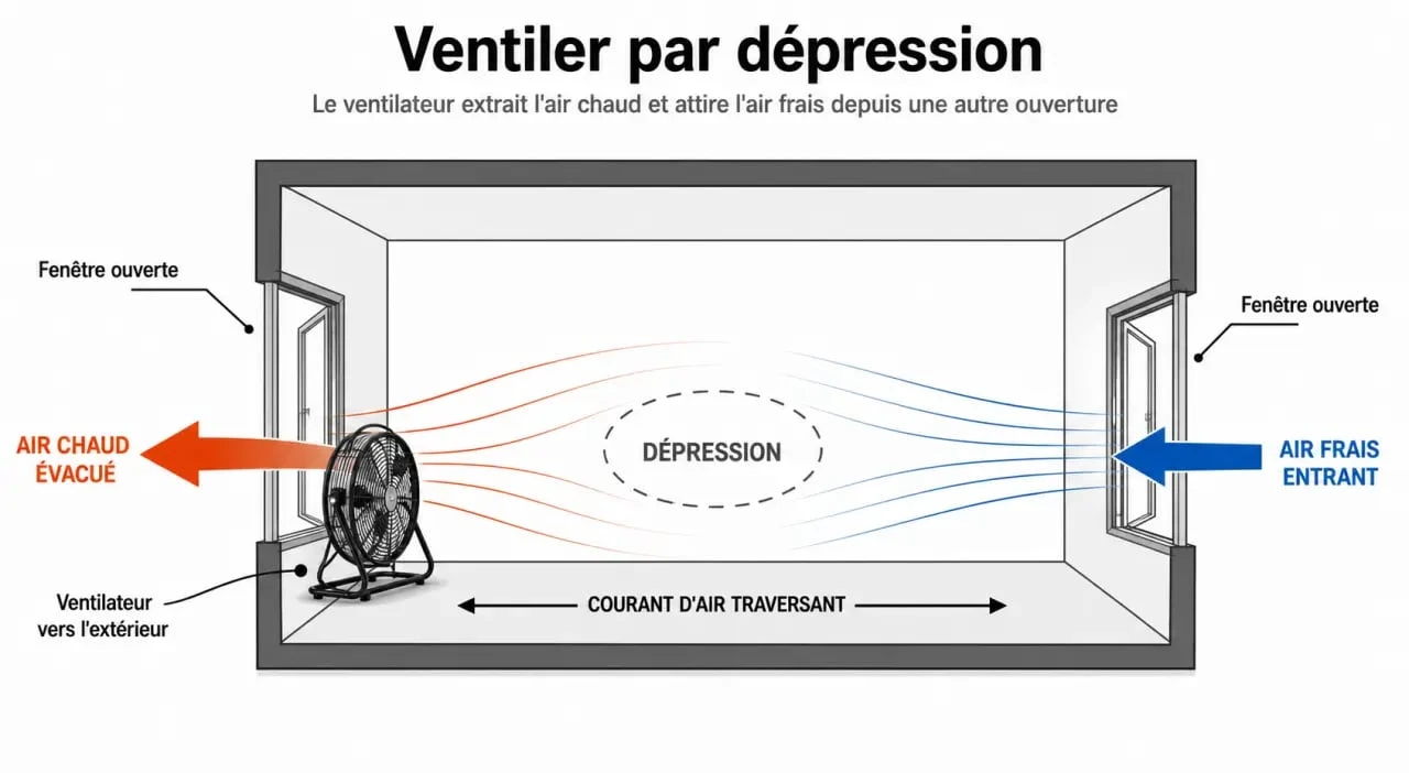 Schéma explicatif pour rafraîchir une pièce avec un ventilateur par ventilation croisée
