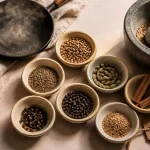 Garam masala composition : bols d’épices entières, cumin, cardamome, cannelle