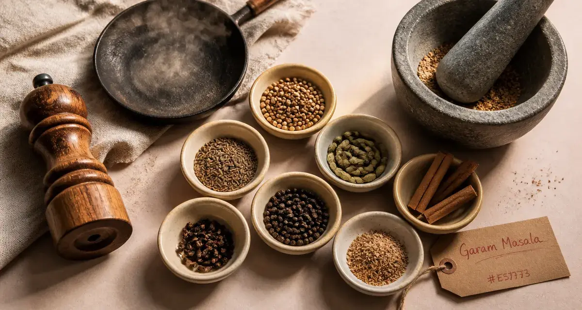 Garam masala composition : bols d’épices entières, cumin, cardamome, cannelle