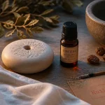 Huile essentielle encens bienfaits : flacon et résines d’oliban sur pierre de diffuseur