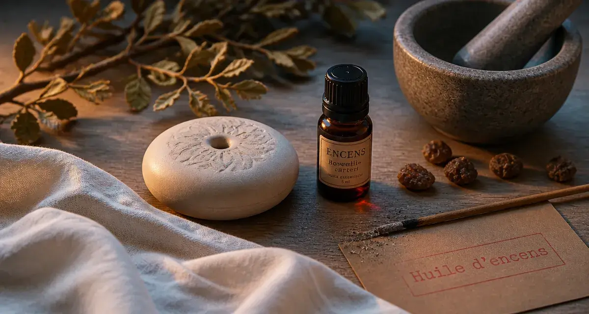 Huile essentielle encens bienfaits : flacon et résines d’oliban sur pierre de diffuseur