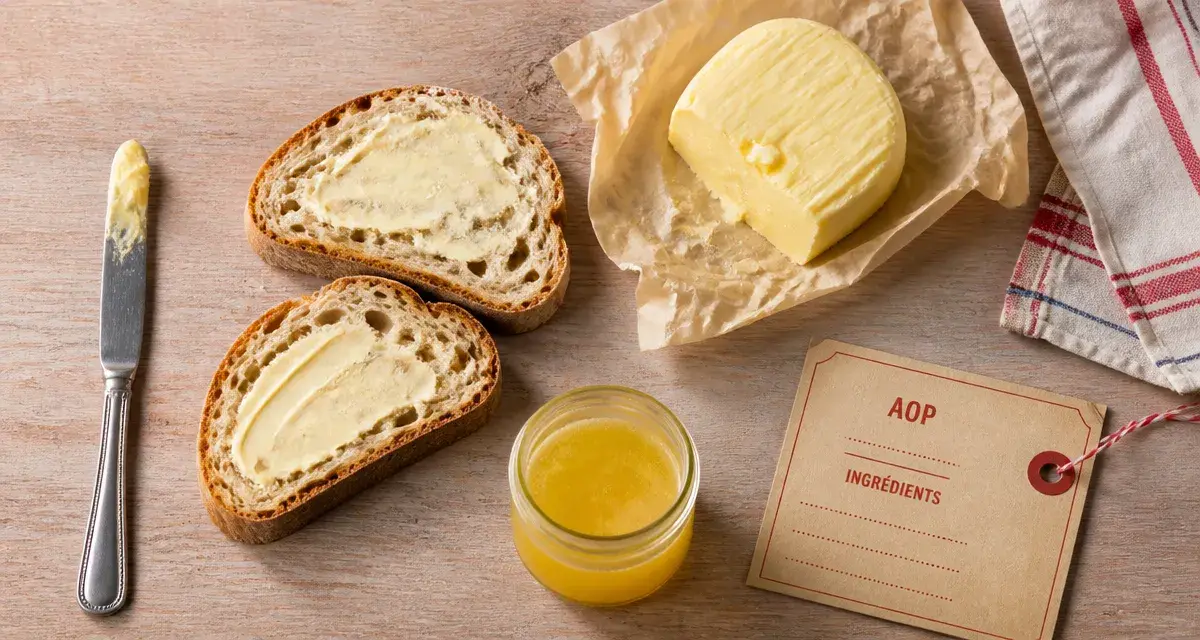 Quel beurre bon pour la sante : ghee et beurre sur table, labels AOP
