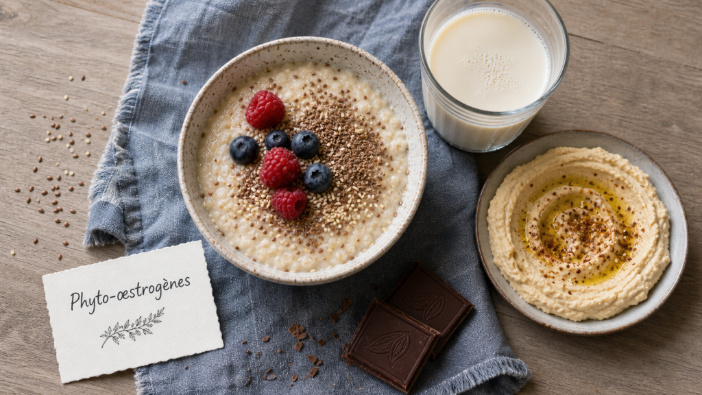 Aliments riches en oestrogenes : bol de porridge, graines de lin et sésame, boisson au soja
