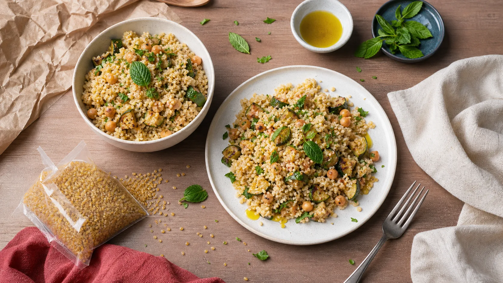 Boulgour feculent cuit en bol, grains visibles