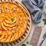 Desserts pêches : tarte moelleuse aux pêches, pâte dorée et amandes