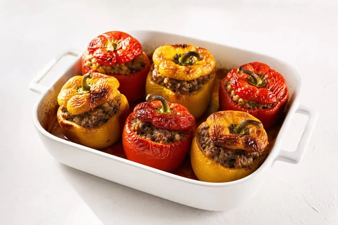 Poivrons farcis au four viande hachee dans un plat à gratin, recette familiale appétissante