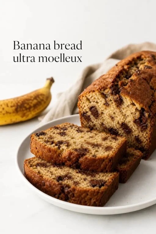 Banana bread ultra moelleux servi en tranches, mie tendre et gourmande