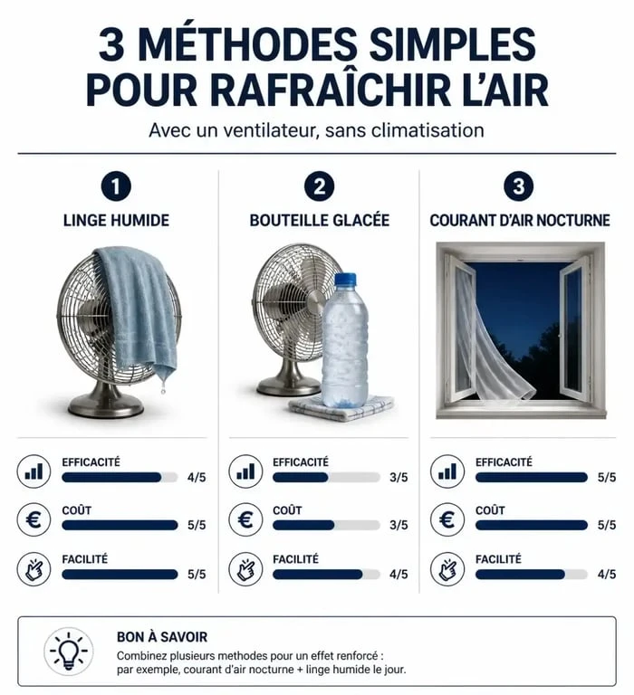 Infographie comparative des astuces pour ventilateur air froid : efficacité, coût et facilité d'utilisation