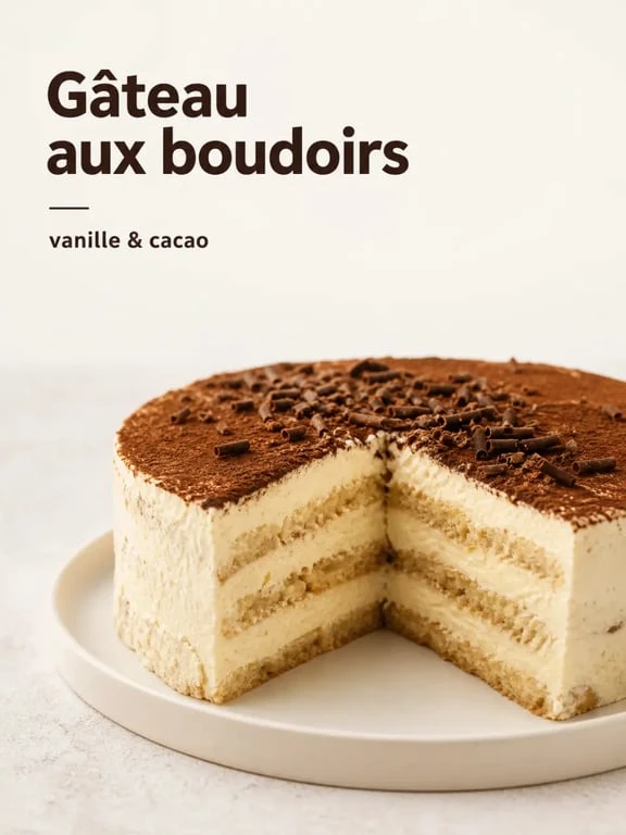 Gâteau aux boudoirs démoulé et coupé, avec couches de crème et de boudoirs