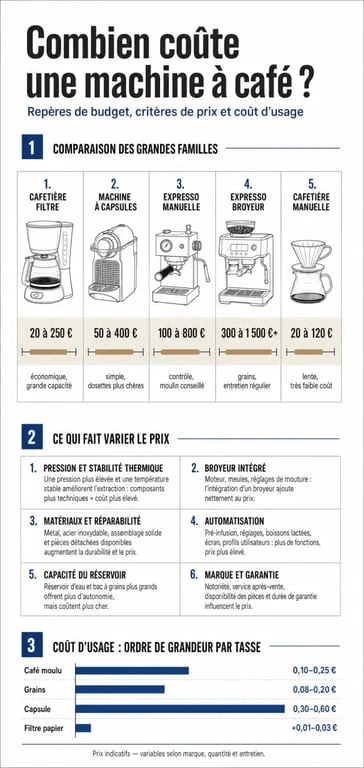 Infographie sur le machine à café prix avec comparaison des types de machines et des budgets d'achat