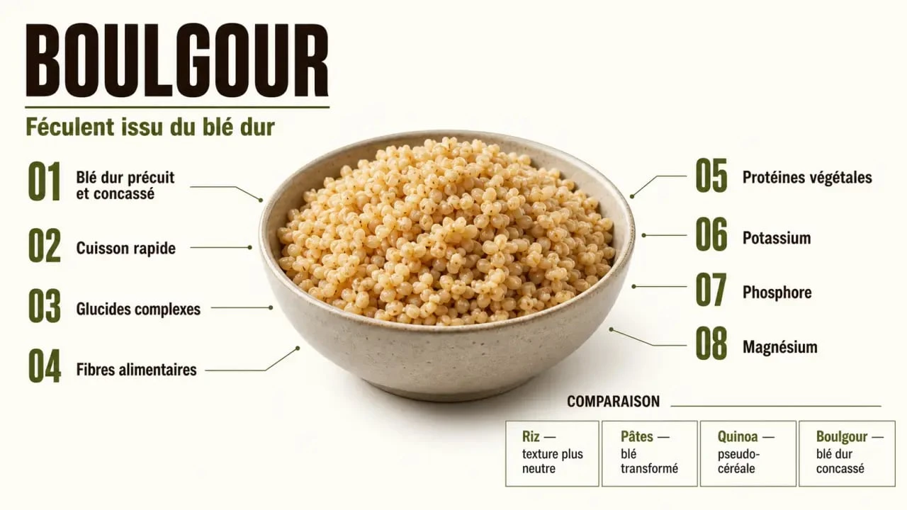 Boulgour féculent : schéma nutritionnel et comparaison avec riz, pâtes et quinoa