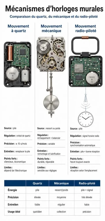 Comparatif des mécanismes de pendule murale : quartz, mécanique et radio-piloté pour choisir son horloge.