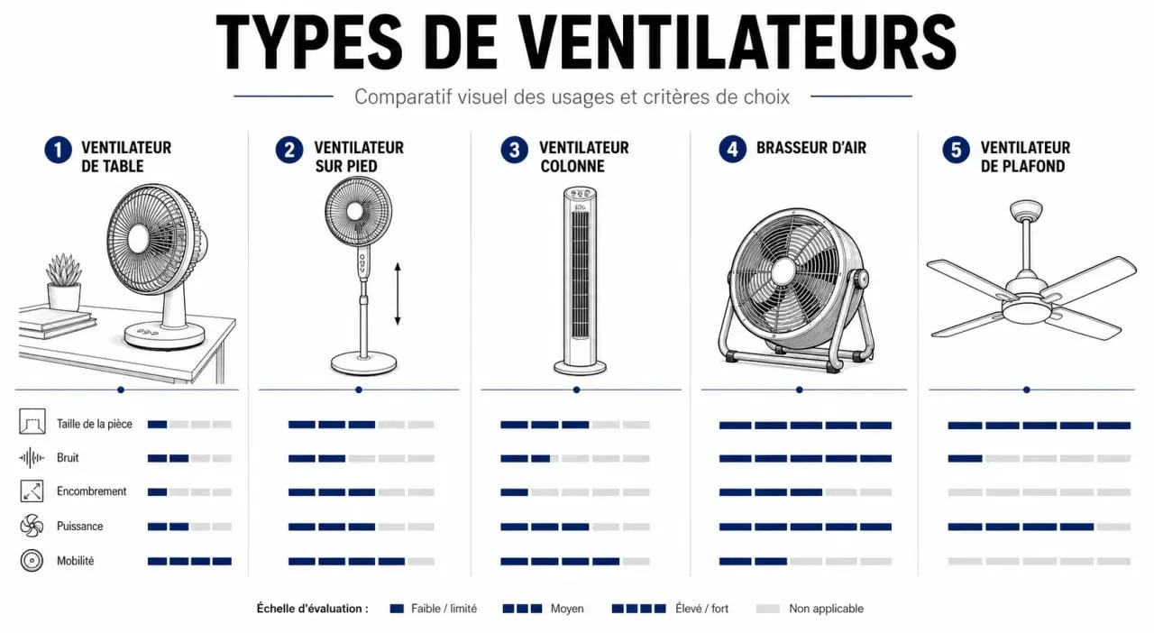 Ventilateur lequel choisir : comparaison visuelle des principaux types de ventilateurs selon la pièce, le bruit et la puissance