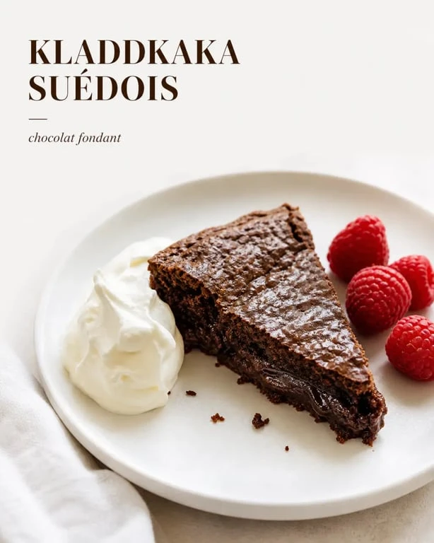 Kladdkaka suédois servi sur assiette blanche avec crème fouettée et framboises