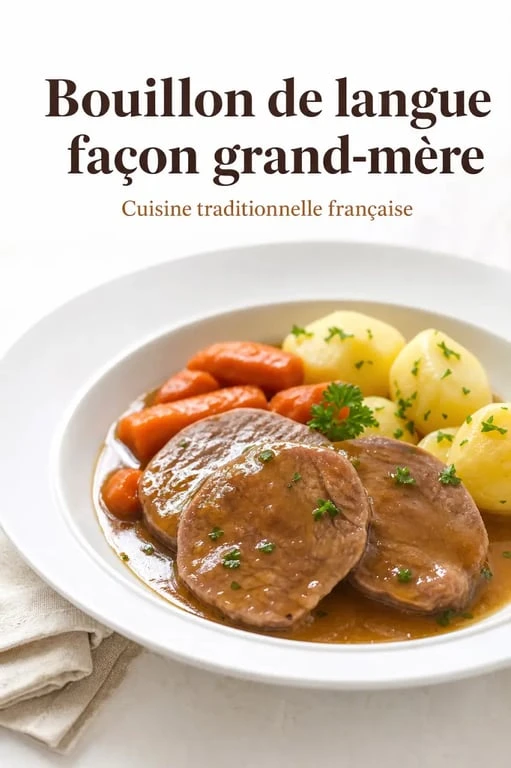 Bouillon de langue façon grand-mère servi en plat traditionnel avec sauce, carottes et pommes de terre vapeur