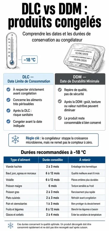 Infographie sur la sécurité alimentaire des produits congelés : différence entre DLC et DDM et durées de conservation
