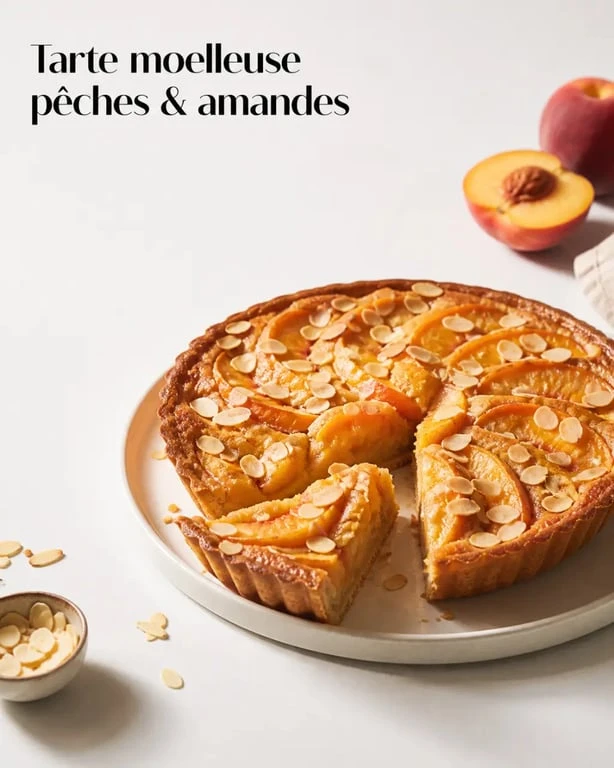Desserts pêches : tarte moelleuse aux pêches et aux amandes servie sur assiette