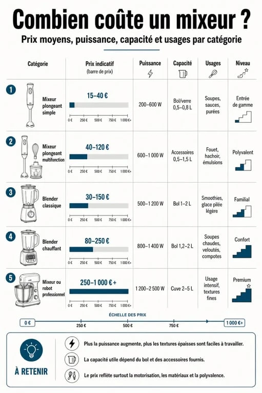 Infographie comparant le mixeur prix selon les types d’appareils et les gammes de tarifs