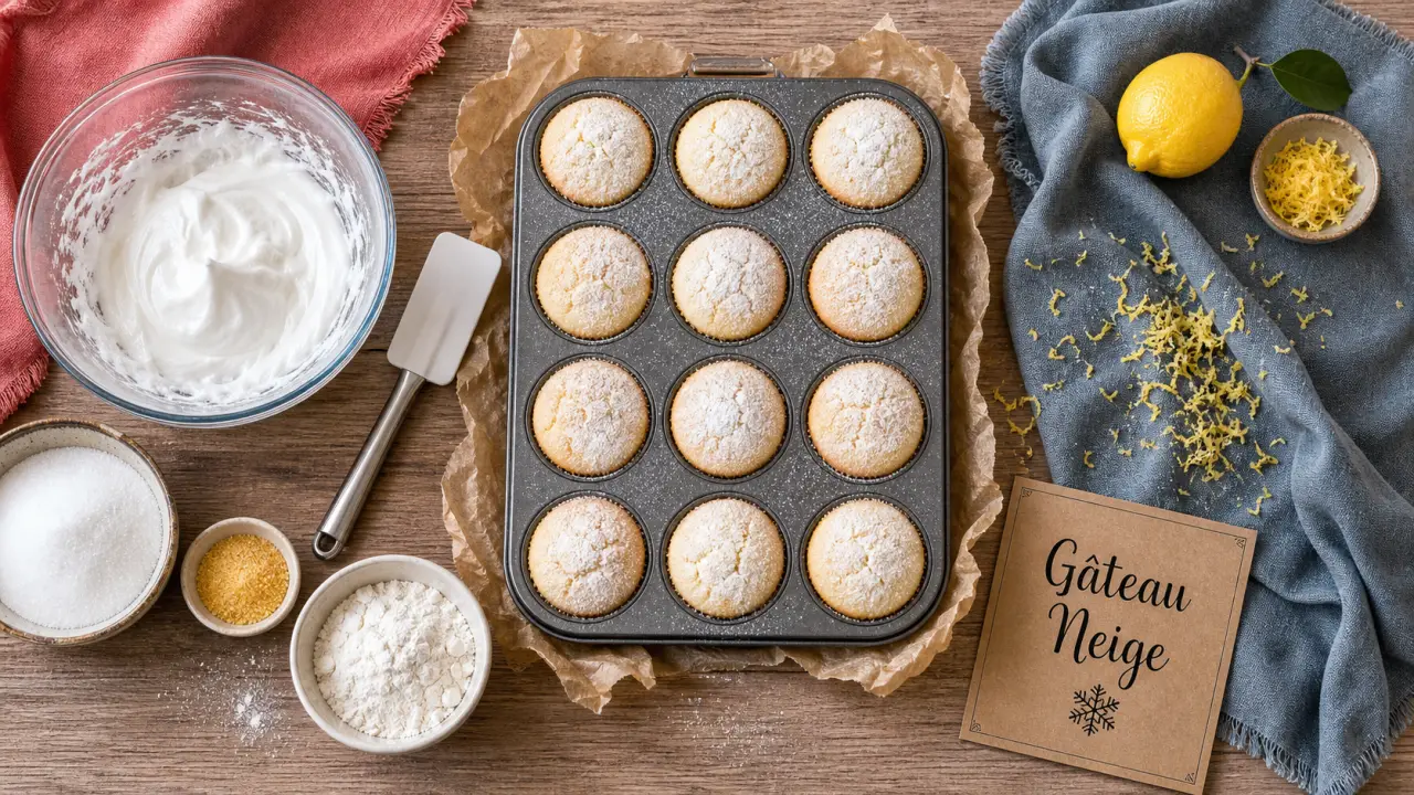 Gâteau avec blancs d'oeufs, neige aérienne à 175°C, 12 petits gâteaux neige