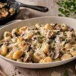 Gnocchi et accompagnement : gnocchis poêlés sauce crémeuse champignons et parmesan