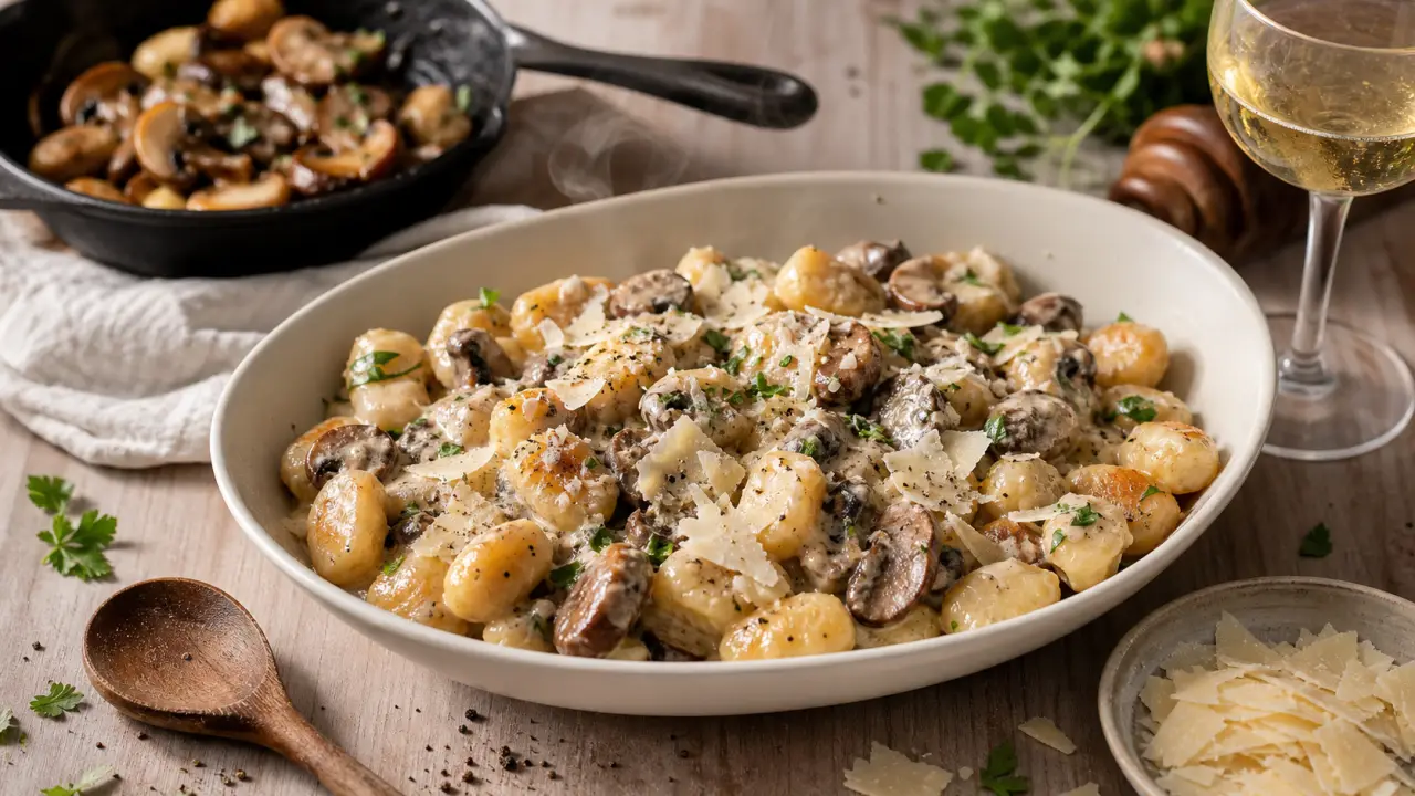 Gnocchi et accompagnement : gnocchis poêlés sauce crémeuse champignons et parmesan