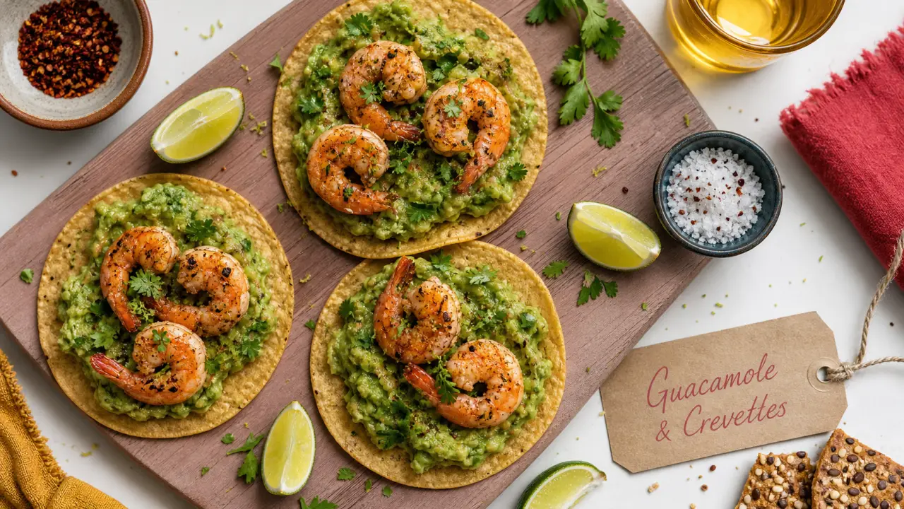 Avec quoi manger le guacamole : guacamole aux crevettes, tortillas de maïs et citron vert