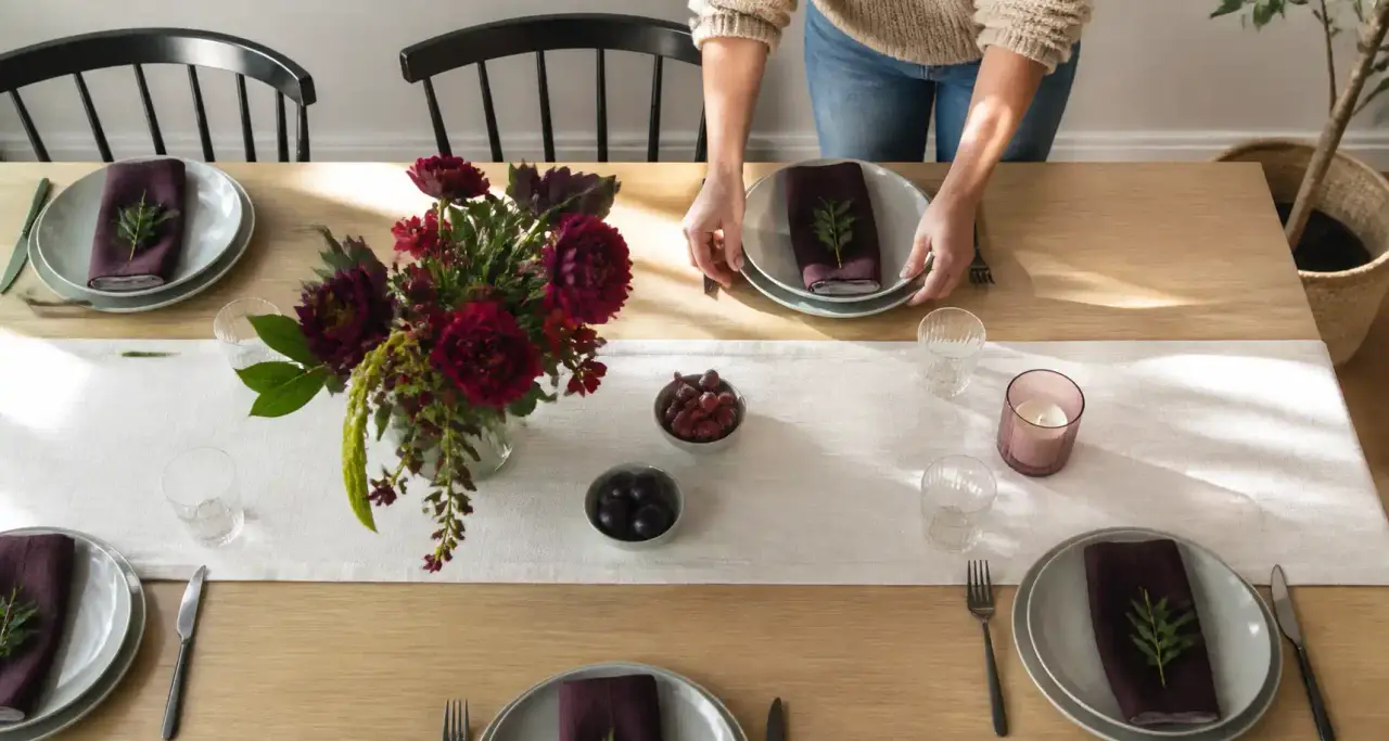 Table dressée simplement pour recevoir, tons aubergine et cranberry