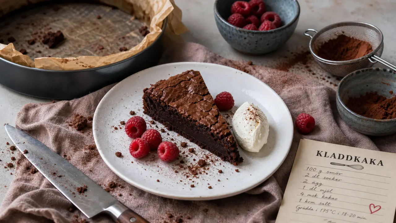 Kladdkaka suédois au centre collant, cacao et framboises