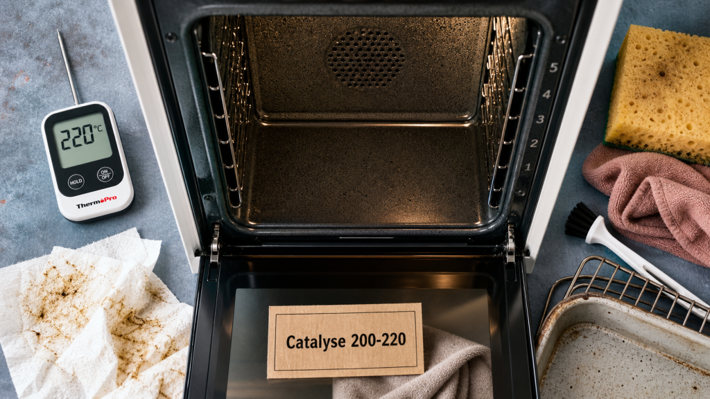 Nettoyage four par catalyse 200-220°C : parois actives, éponge et chiffon