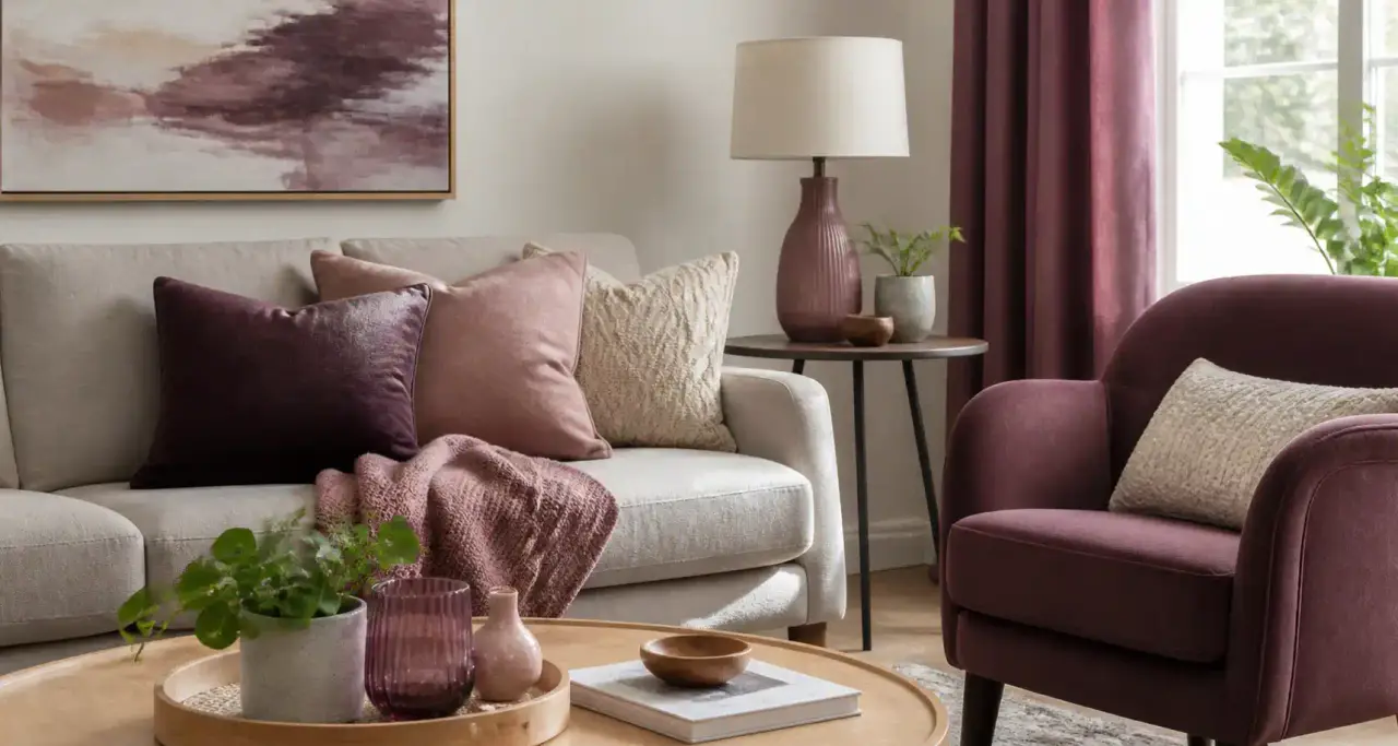 Coin salon avec décoration simple et moderne, tons prune et rose poudré