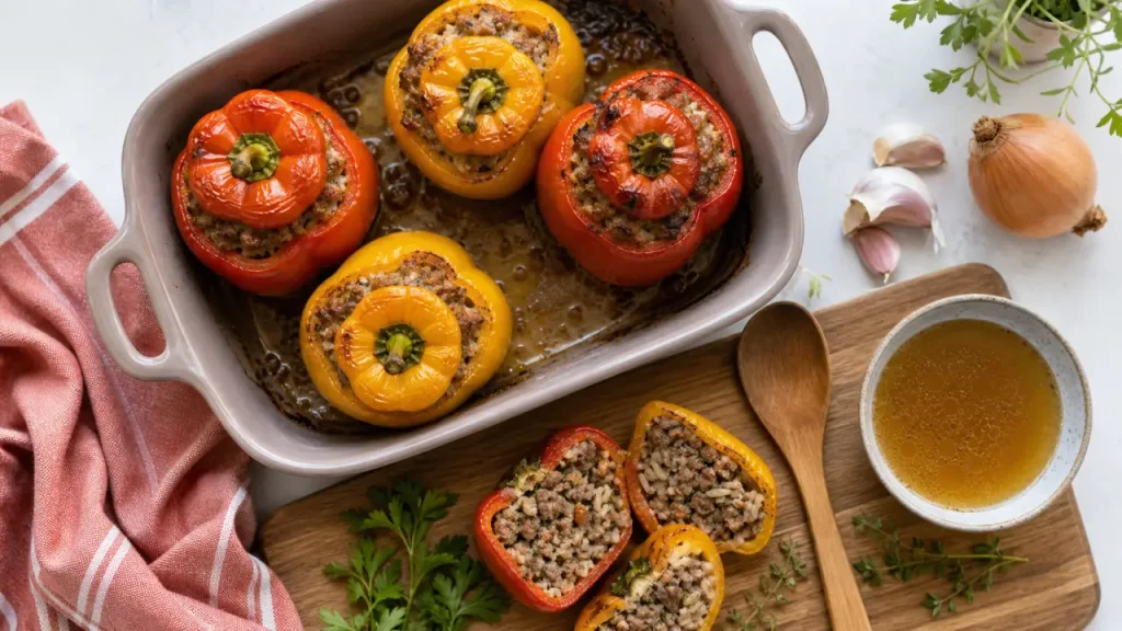 Poivrons farcis au four viande hachee, farce moelleuse au bœuf et herbes