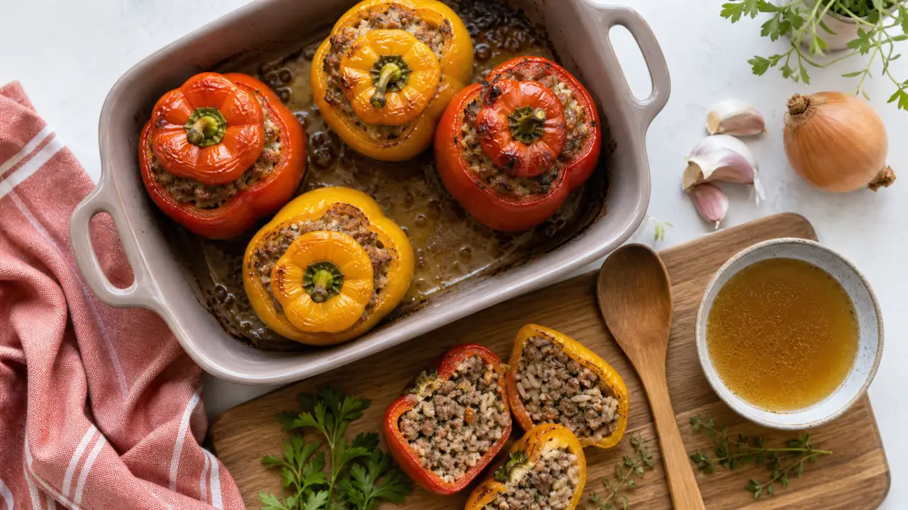 Poivrons farcis au four viande hachee, farce moelleuse au bœuf et herbes