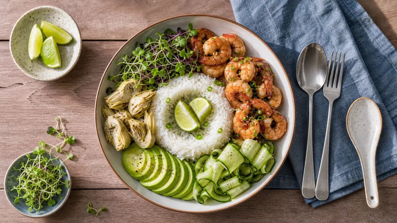 Que manger avec des crevettes : bowl crevettes, sauces soja-lime, riz, légumes croquants
