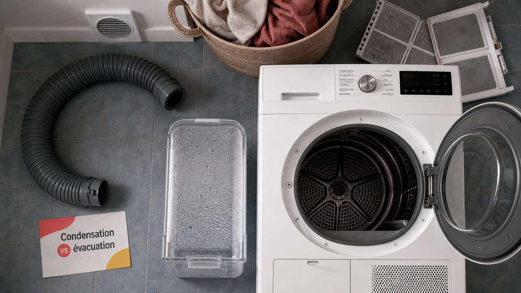 Sèche linge condensation ou évacuation différence : bac d’eau et gaine d’évacuation