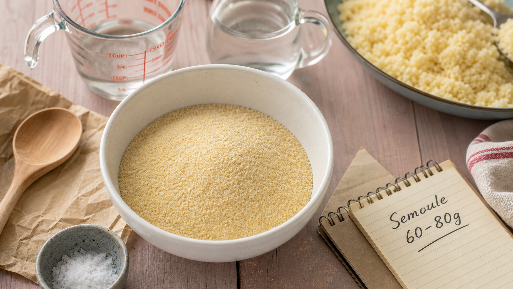 Semoule quantité par personne : 60 à 120 g, saladier et verre doseur