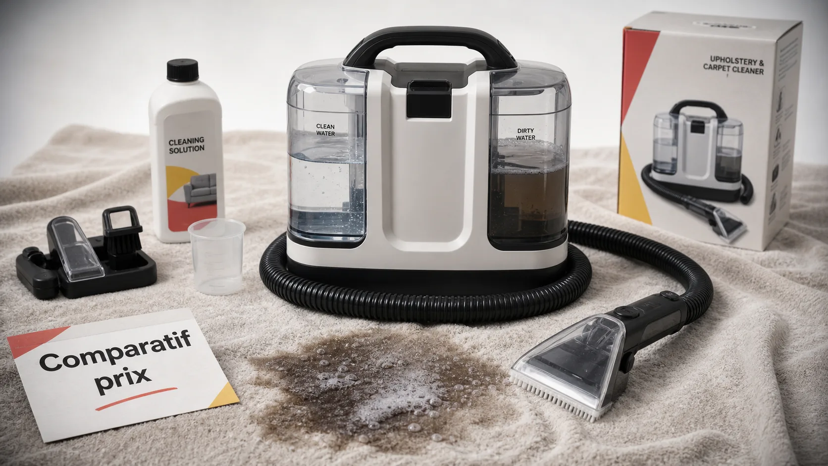 Shampouineuse prix : comparatif 99 € 150 € 250 € sur tapis froissé